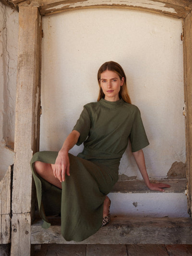 Asymmetric High-Neck Midi Dress