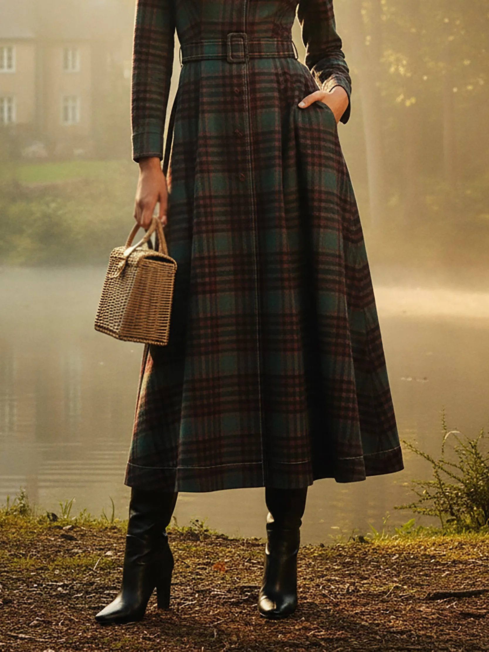 Dark Red And Green Plaid Lapel Vintage Long Dress