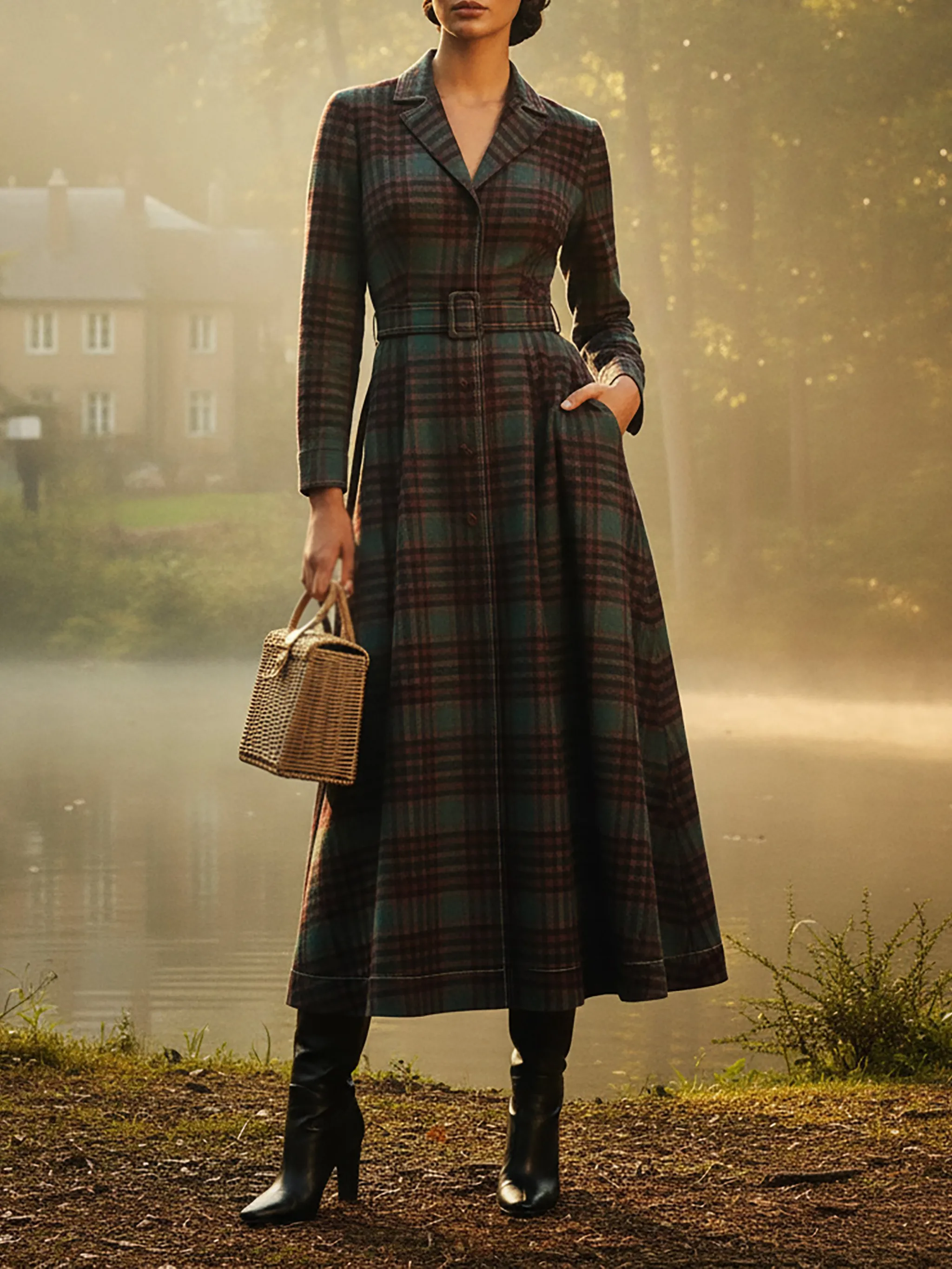 Dark Red And Green Plaid Lapel Vintage Long Dress