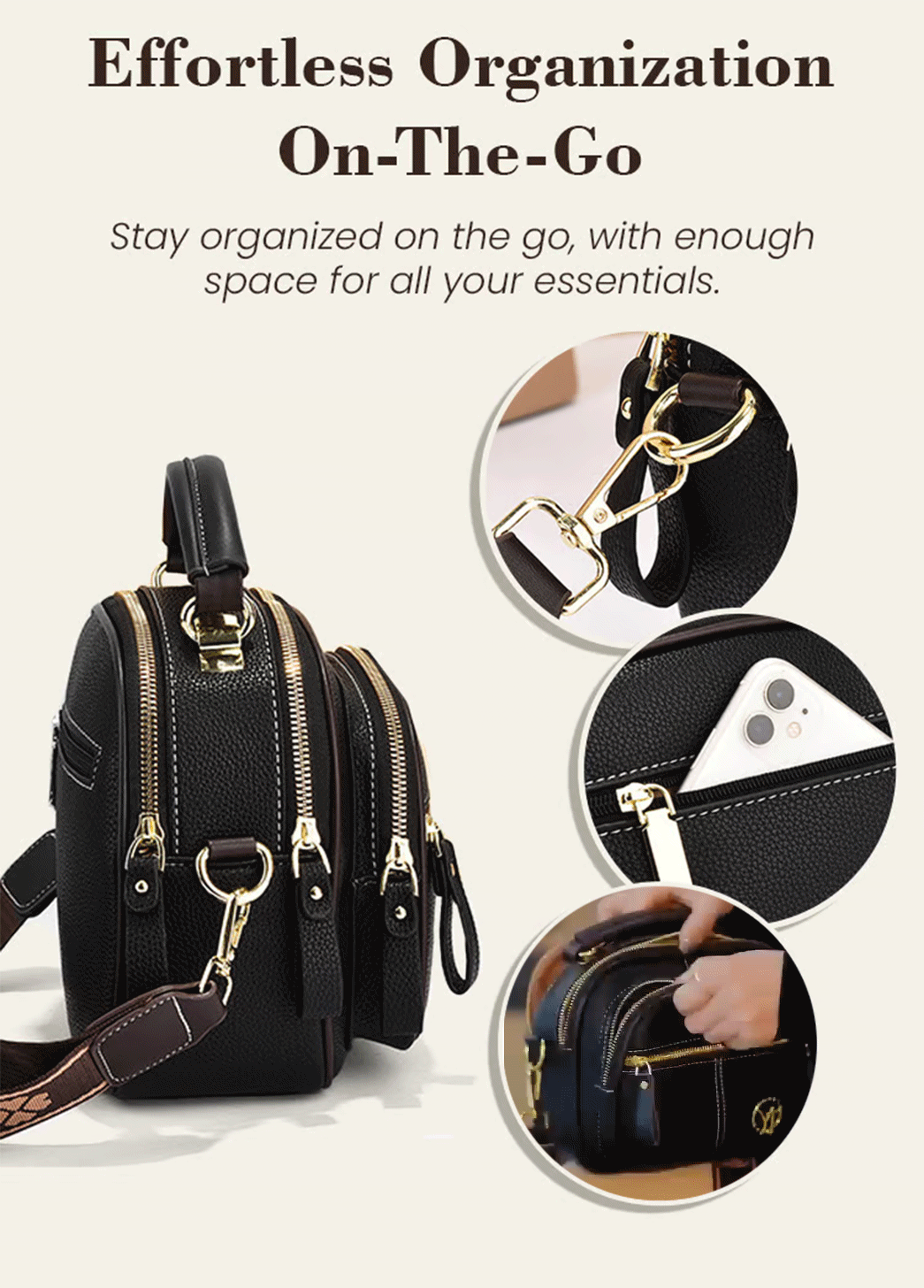Classic Multifunctional Compartments Adjustable Wide Shoulder Strap Leather Crossbody Bag