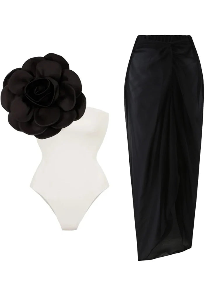 3D Floral Solid Color Swimsuit