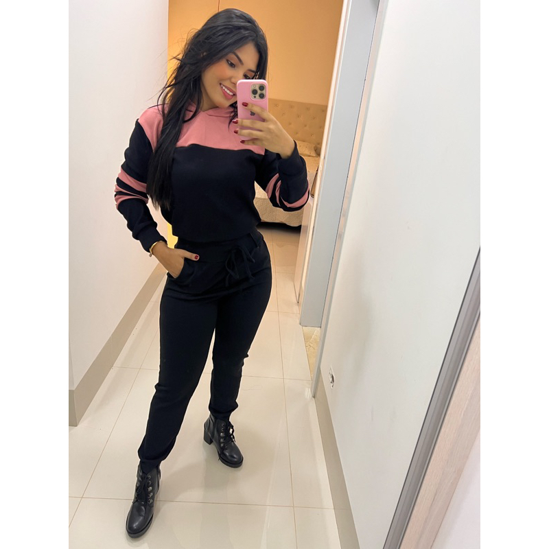 Conjuntos Feminino com Capuz Inverno Agasalho Moda Blogueira Look para o frio