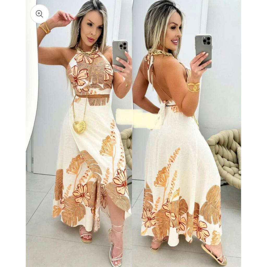 Conjunto Saia e Cropped estampa exclusiva moda verão 2025