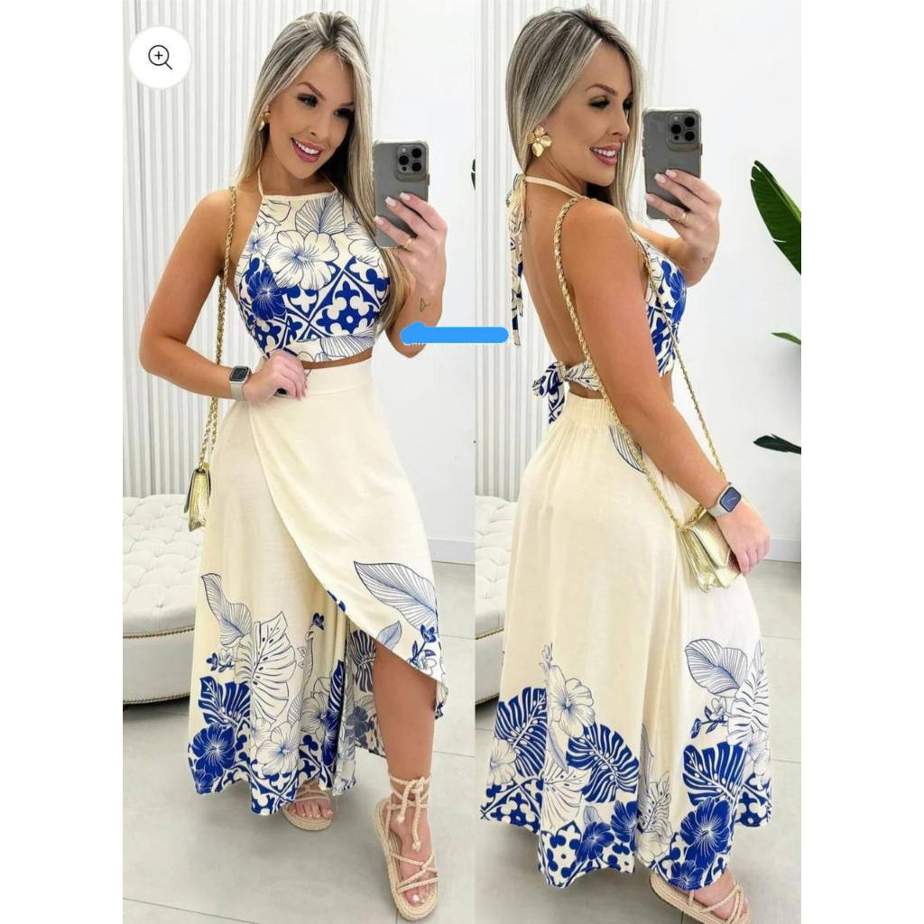 Conjunto Saia e Cropped estampa exclusiva moda verão 2025