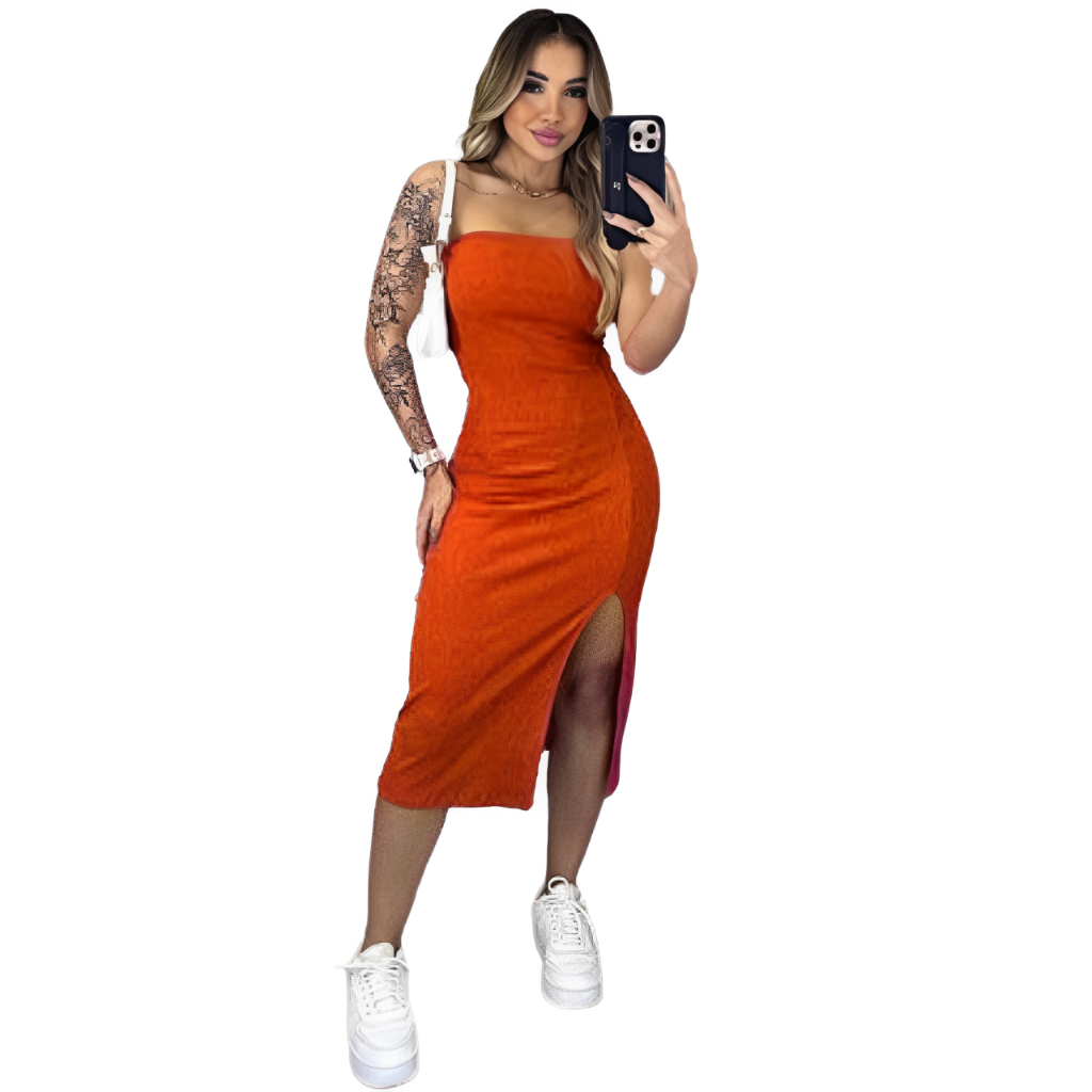 Vestido Tomara que Caia Canelado Midi com Fenda | Elegância e Ousadia