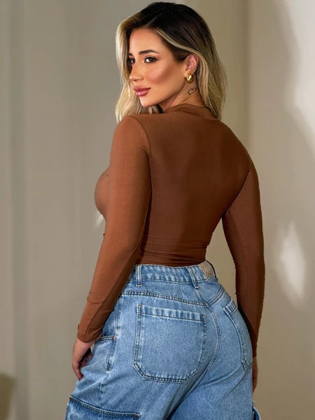 Cropped Corsellet | Manga Longa Gola Alta Com Decote