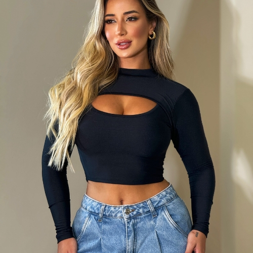 Cropped Corsellet | Manga Longa Gola Alta Com Decote