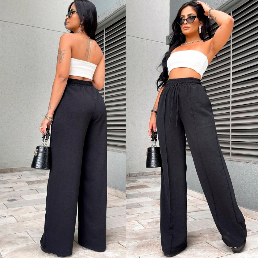 Calça Feminina Pantalona Wide Leg Duna com Bolso Cintura Alta Tendência