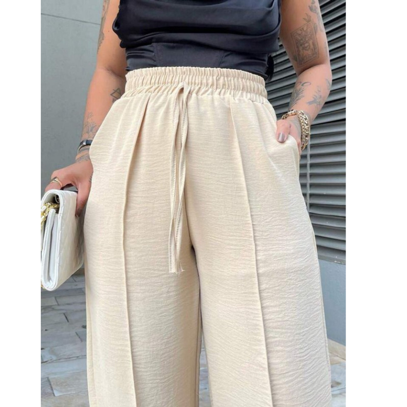 Calça Feminina Pantalona Wide Leg Duna com Bolso Cintura Alta Tendência
