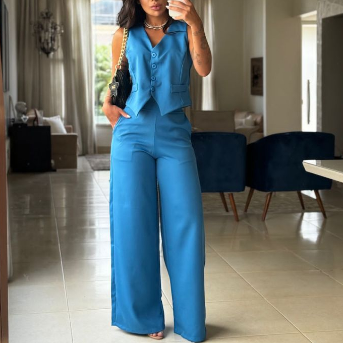 Conjunto Alfaiataria Social | Calça Pantalona Cintura alta, Colete Botões