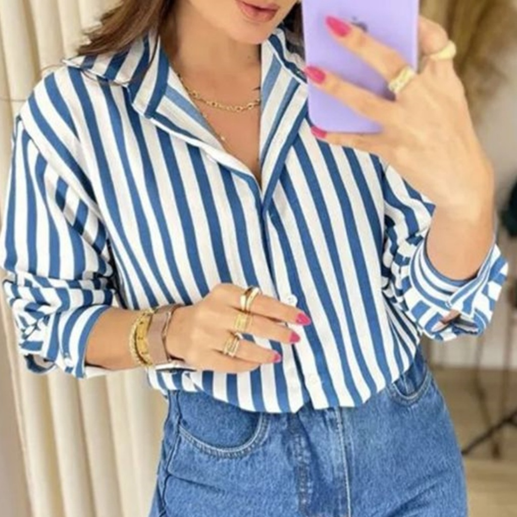 Camisa feminina manga longa social listrada risca de giz moda feminina