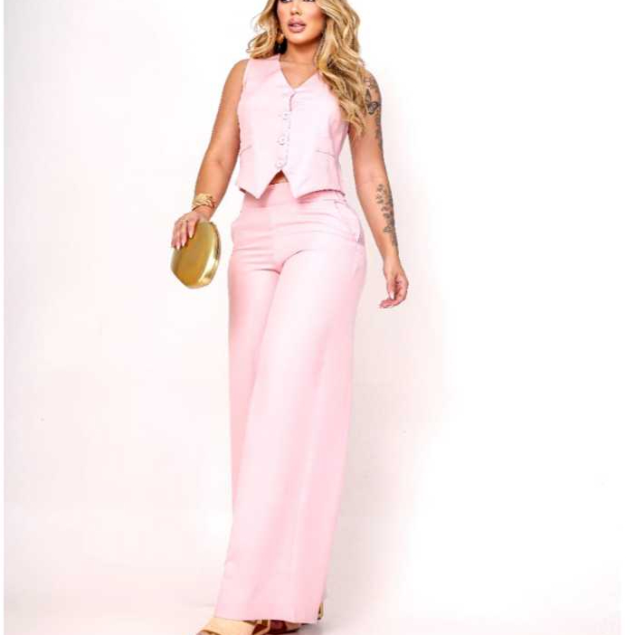 Conjunto Alfaiataria Social | Calça Pantalona Cintura alta, Colete Botões