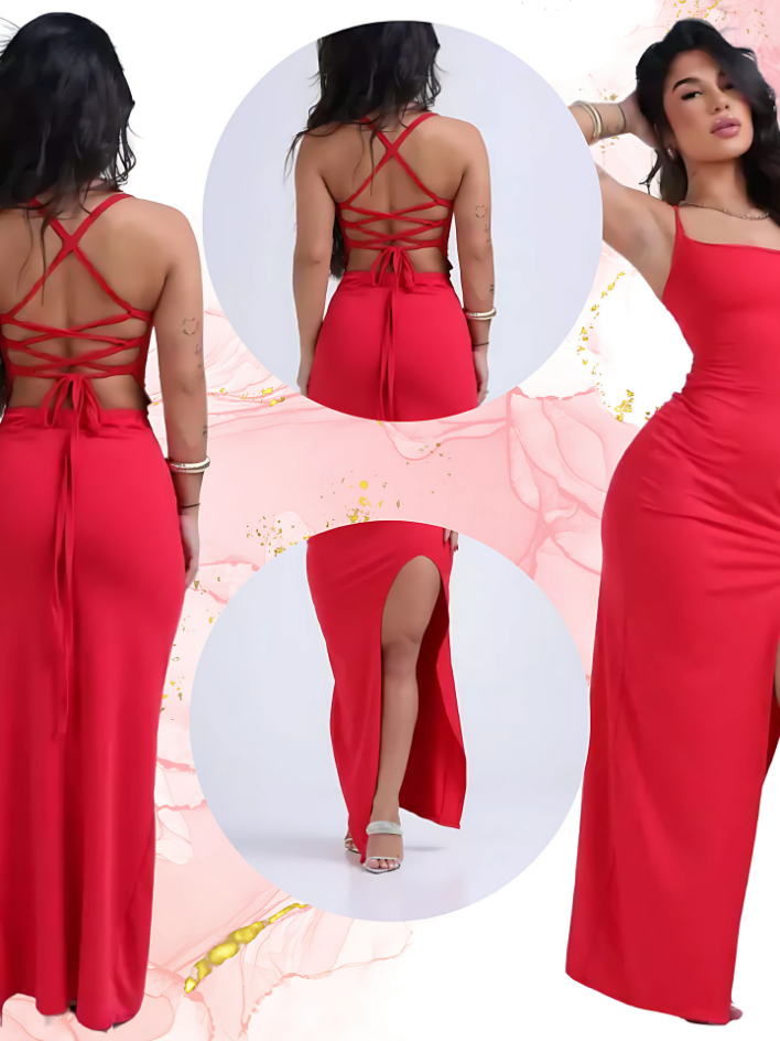 Vestido LONGO elegante com costas nuas trançadas Fenda Lateral Empina Bumbum Colado Novo