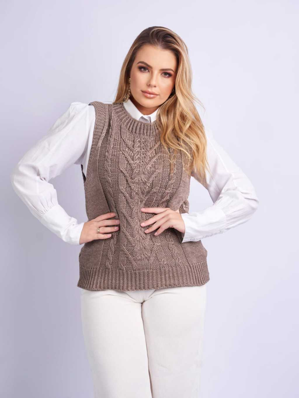 Colete Feminino Tricot com Detalhes de trança, Ponto Fang Elegante Tendência Moda Outono/Inverno