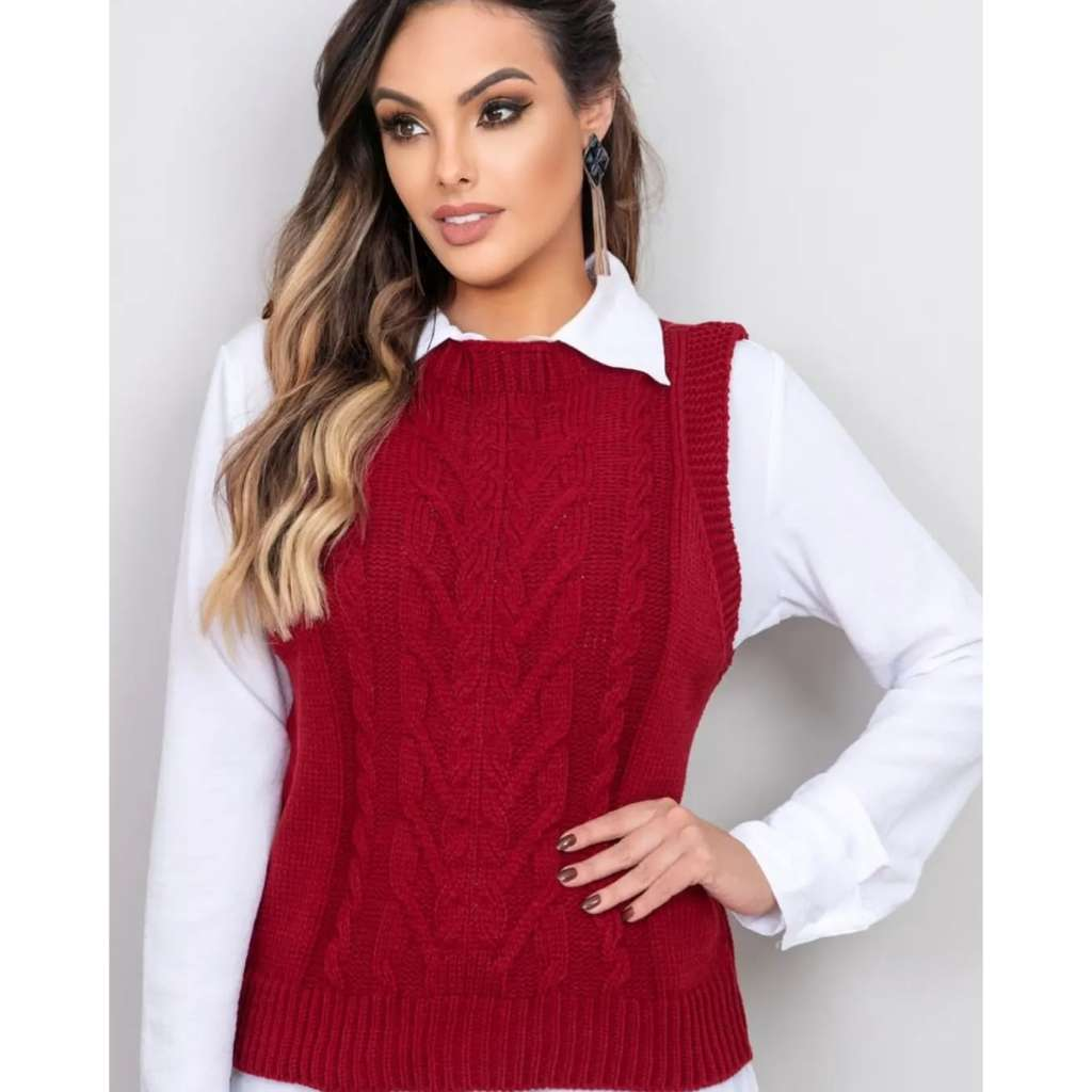 Colete Feminino Tricot com Detalhes de trança| Bella Lã Tricot®