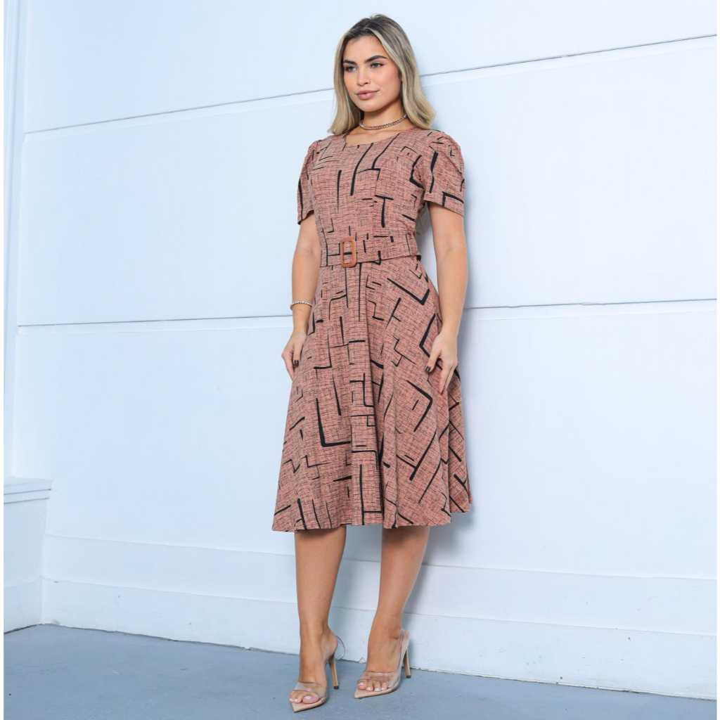 Vestido Midi Evangélico Feminino - Moda Elegante e Tendência 2025 - Manga Bufante, Gola Redonda, Cinto Removível, Confor