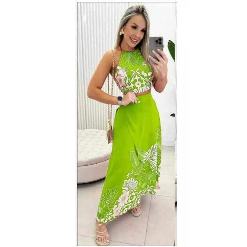 Conjunto Saia Envelope e Croped| Estampa Verão