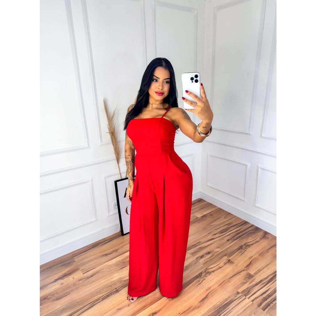 MACACÃO FEMININO PANTALONA COM ALÇA REGULÁVEL TECIDO DUNA TENDÊNCIA