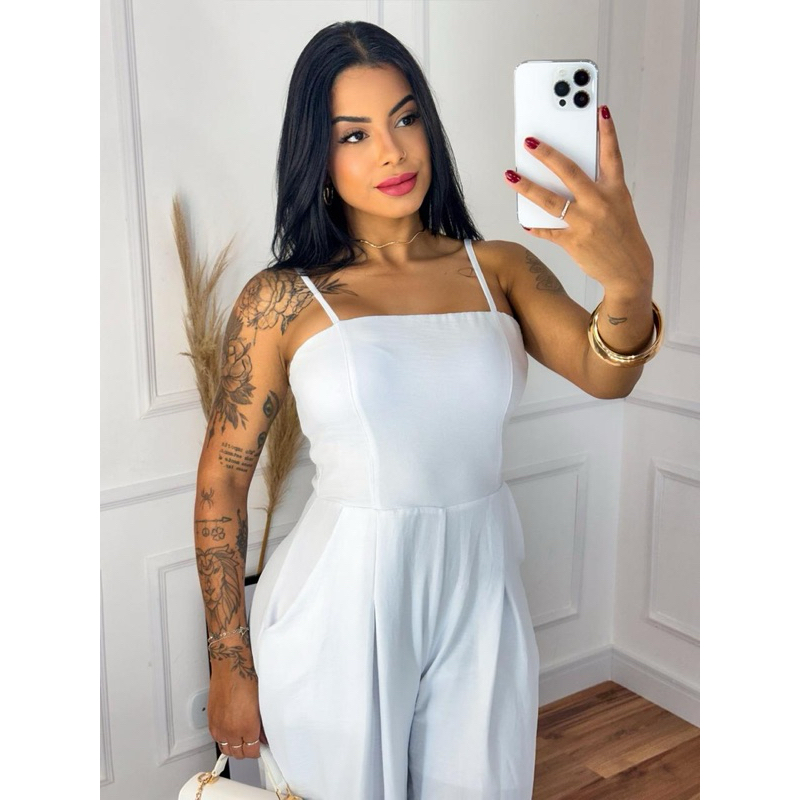 MACACÃO FEMININO PANTALONA COM ALÇA REGULÁVEL TECIDO DUNA TENDÊNCIA