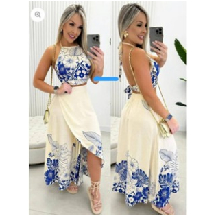 Conjunto Saia Envelope e Croped| Estampa Verão