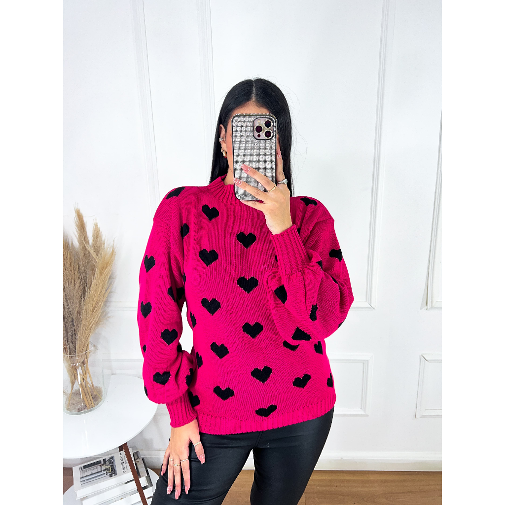 Blusa Frio De Tricot Feminina | Jacard De Coração Moda Inverno