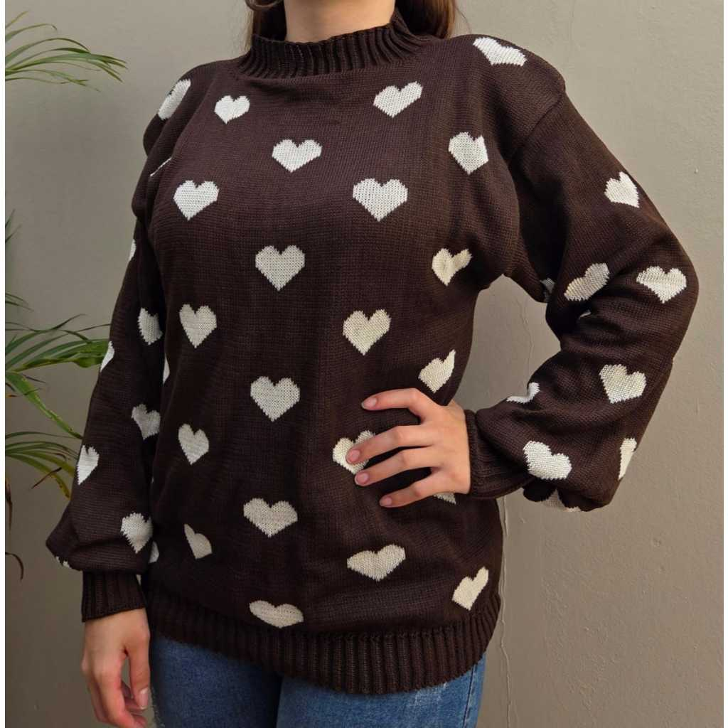 Blusa Frio De Tricot Feminina | Jacard De Coração Moda Inverno