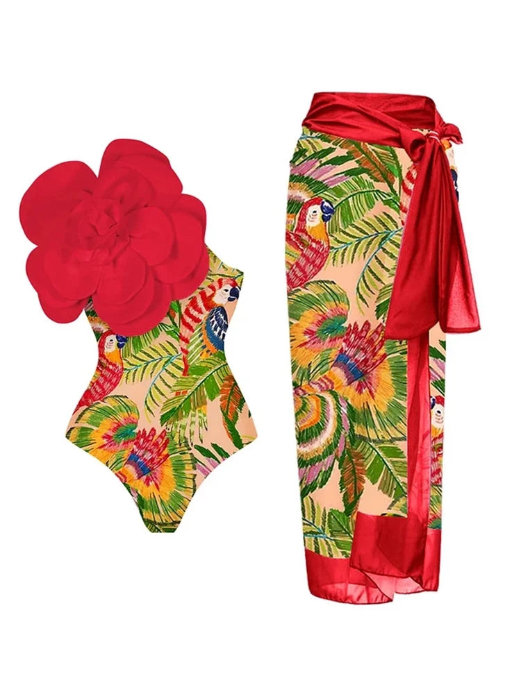 3D Red Floral Embellished One-Piece Swimsuit