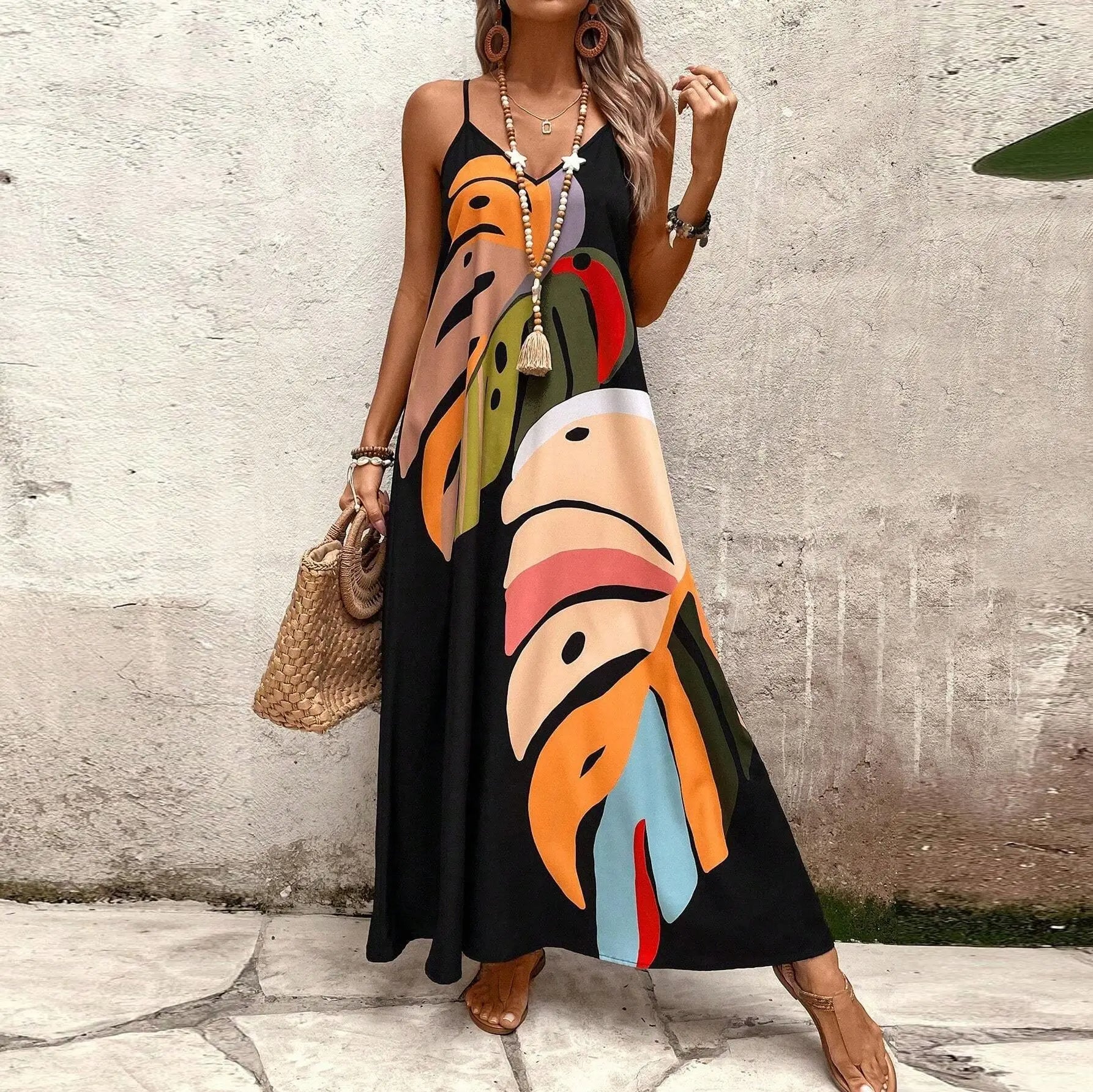 Strap Beach Boho Long Dress – Vibrant Tropical Style for Summer