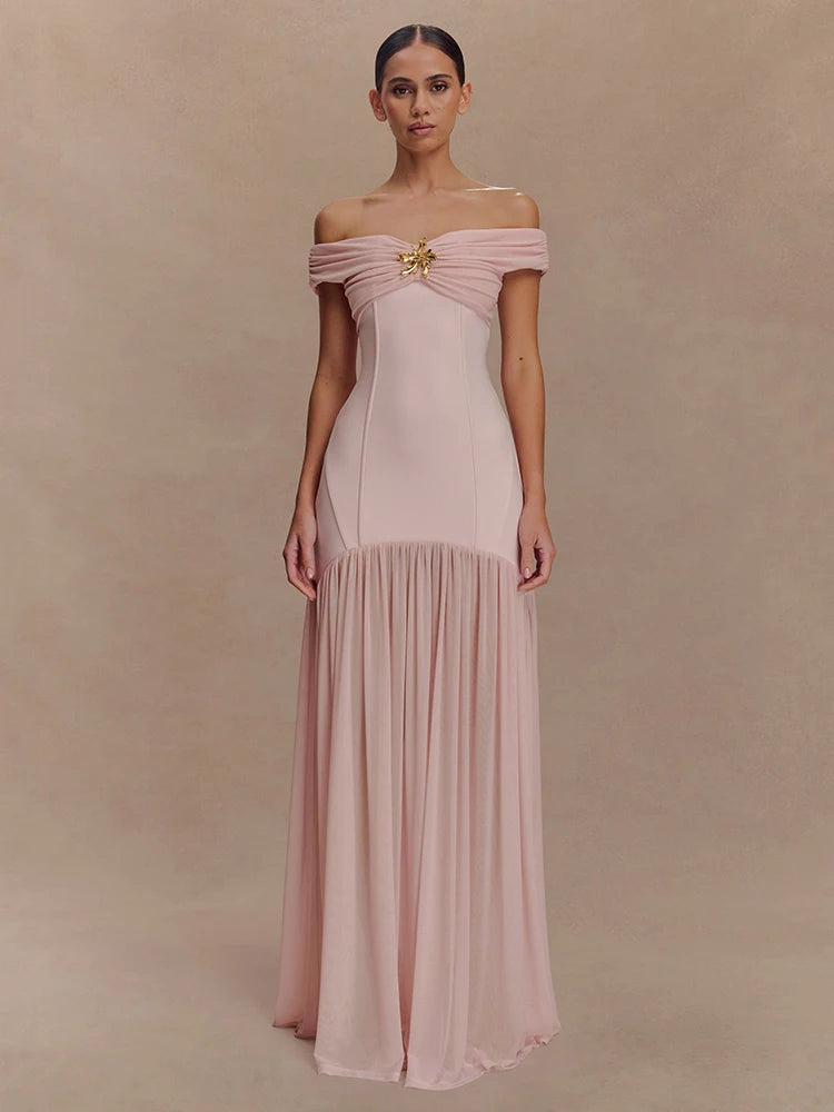 Celestia Evening Gown – Off Shoulder Backless Mesh Dress