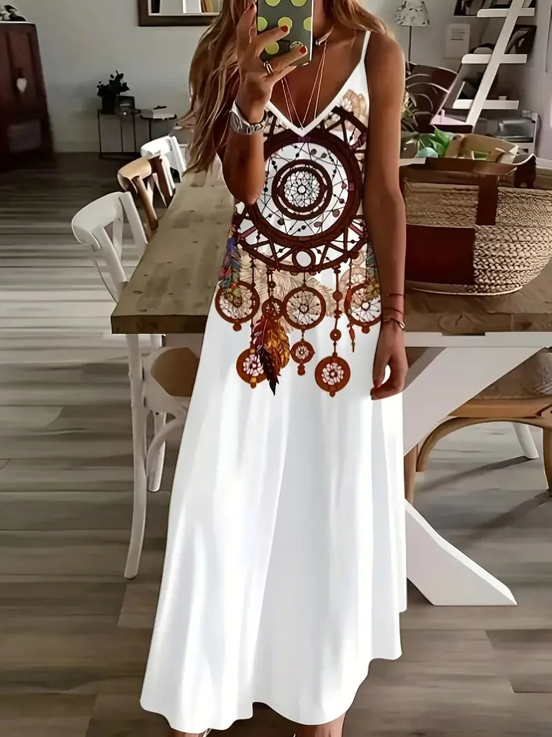 Bohemian Casual Dress – Artistic Spaghetti Strap Maxi for Relaxed Days