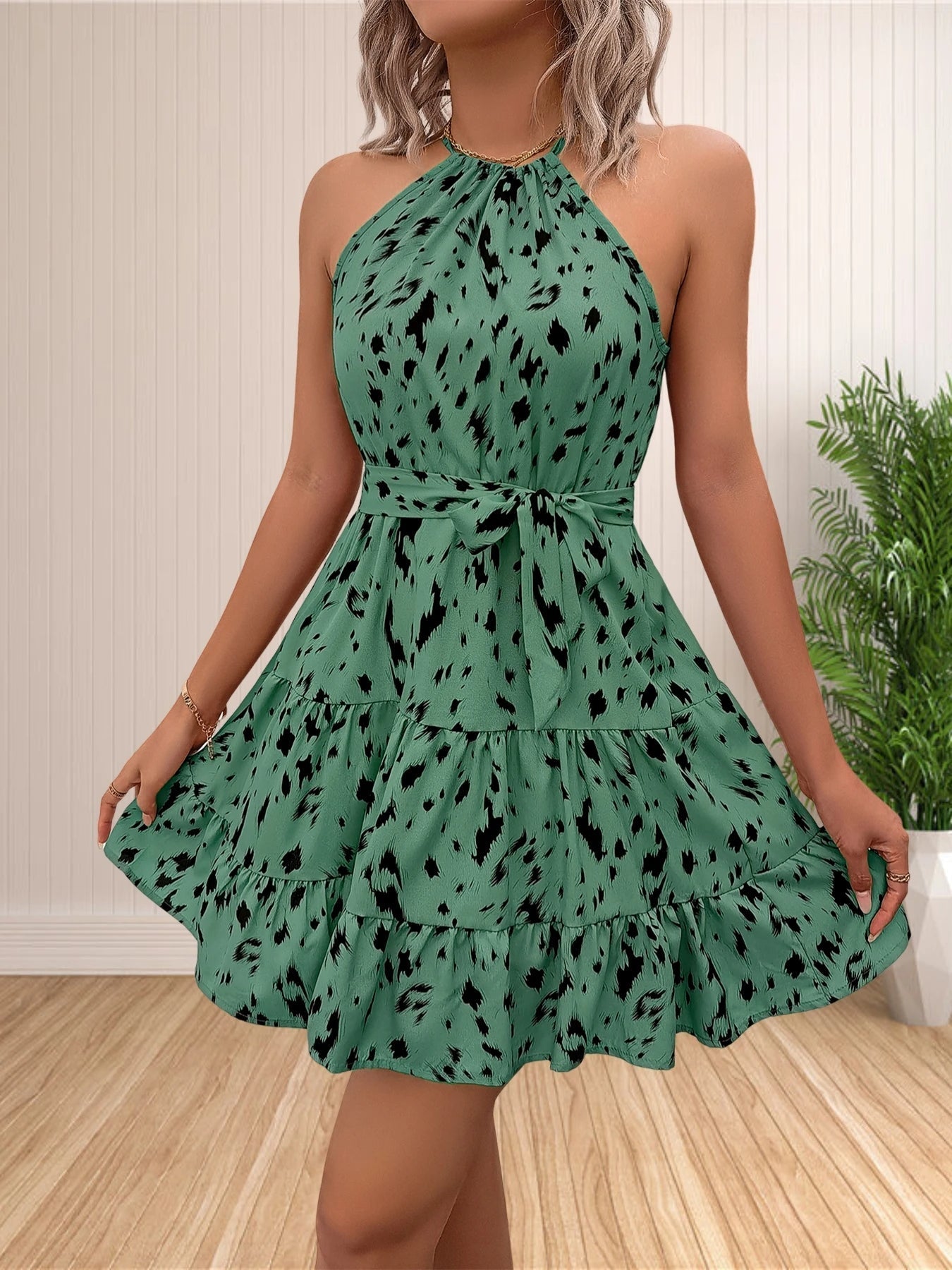 Floral Polka Dot Mini Dress – Lightweight Halter Dress with Ruffles