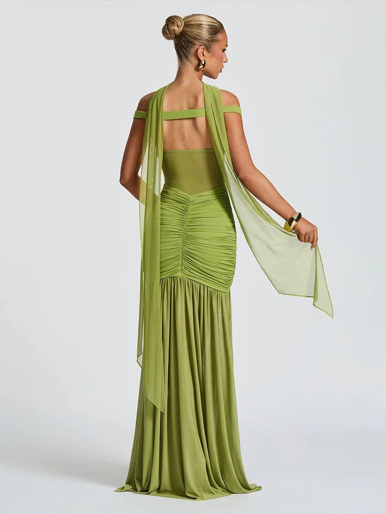 Bella Mesh Ruched Maxi Dress – Off Shoulder High Slit Gown