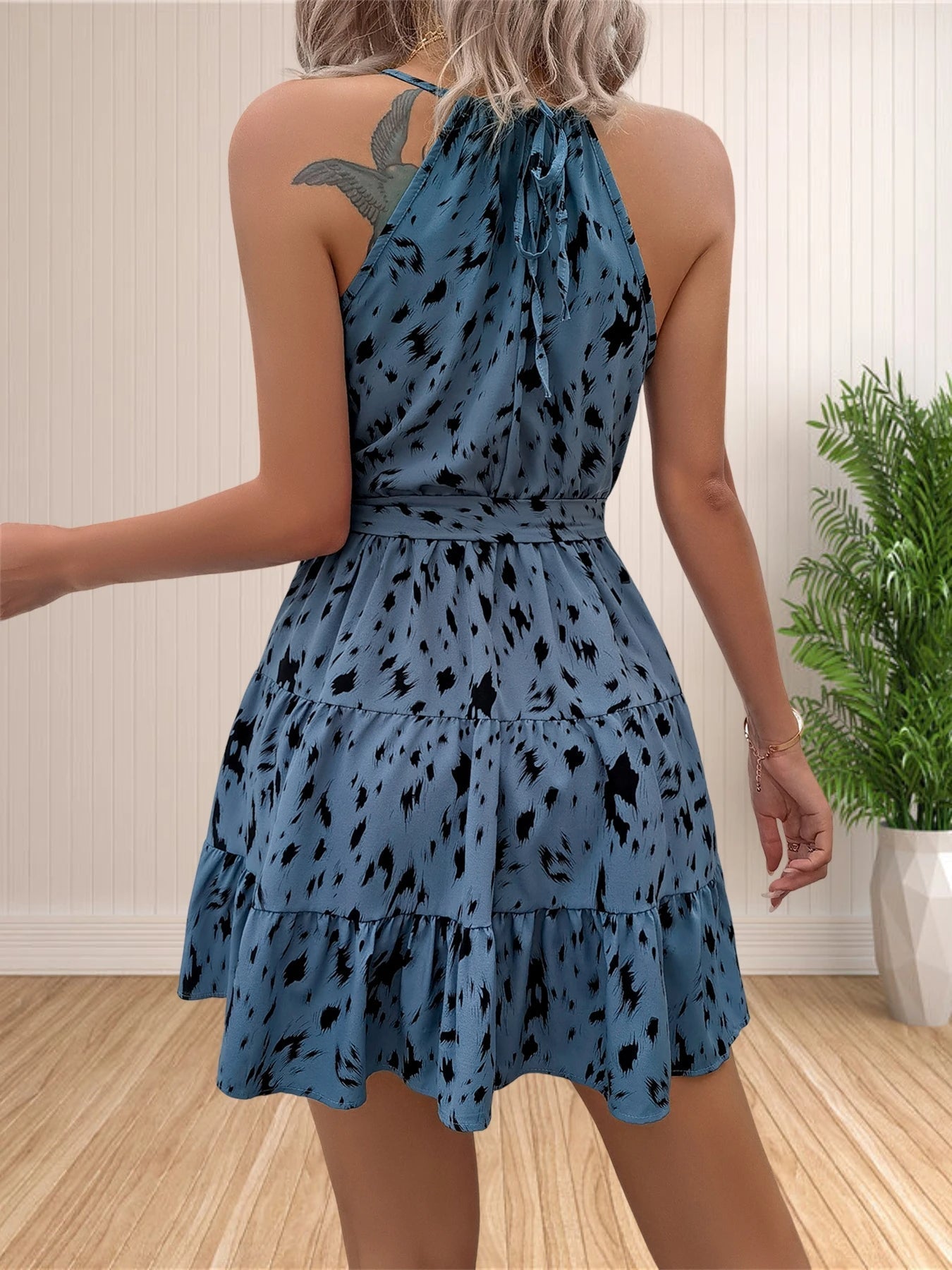 Floral Polka Dot Mini Dress – Lightweight Halter Dress with Ruffles