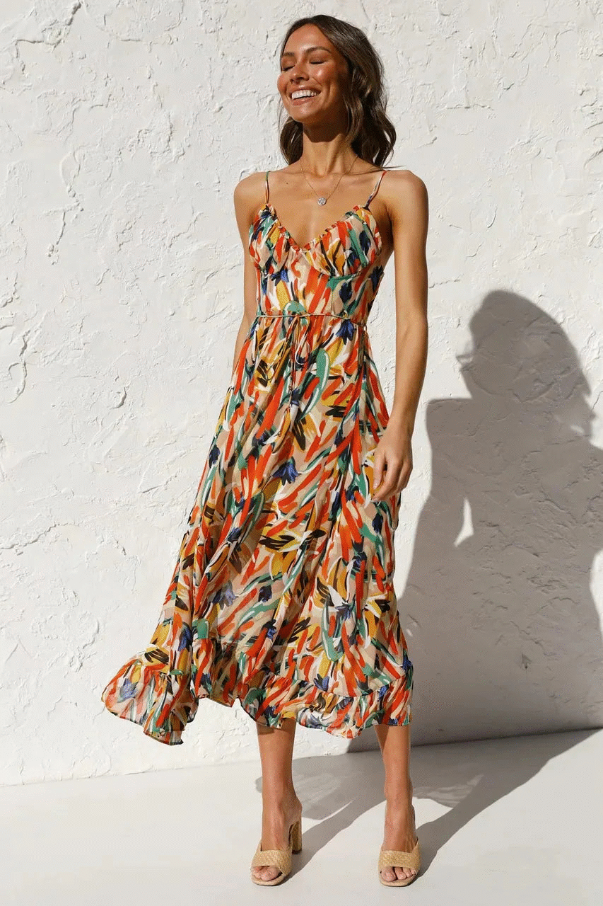Boho Elegant Summer Dress – Vibrant Midi Dress for Vacation Looks