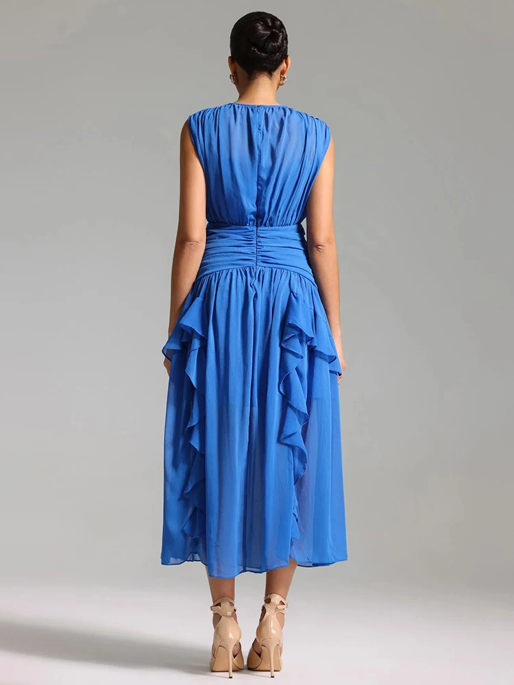 Eileen Pleated Round Neck Ruffle Maxi Dress