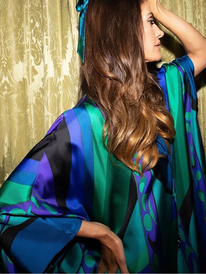 Psychedelic Swirling Iride Satin Kaftan