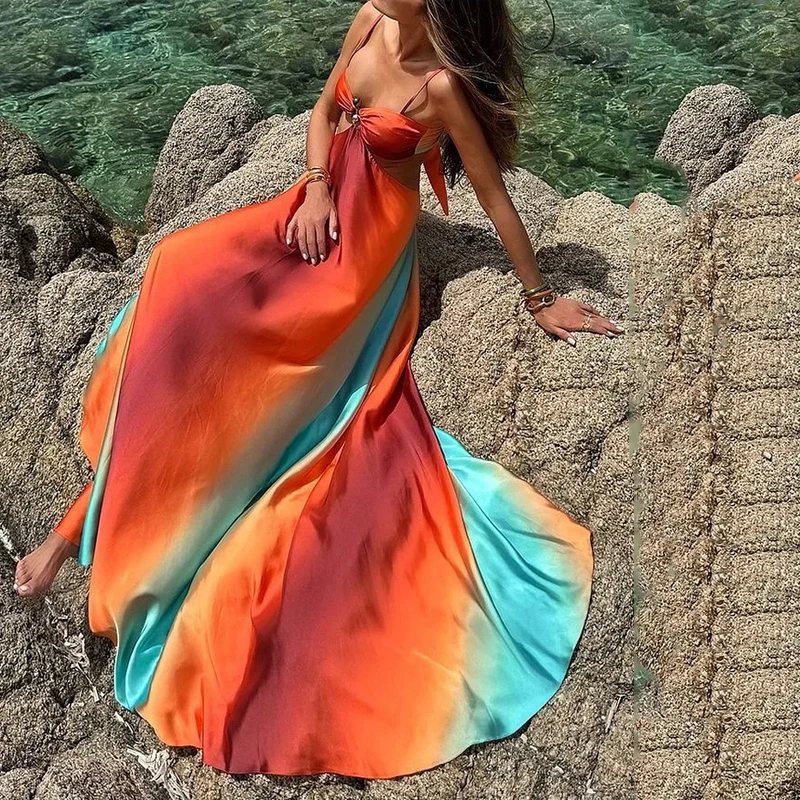 Saylor - Gradient Backless Sleeveless Sling Maxi Dress