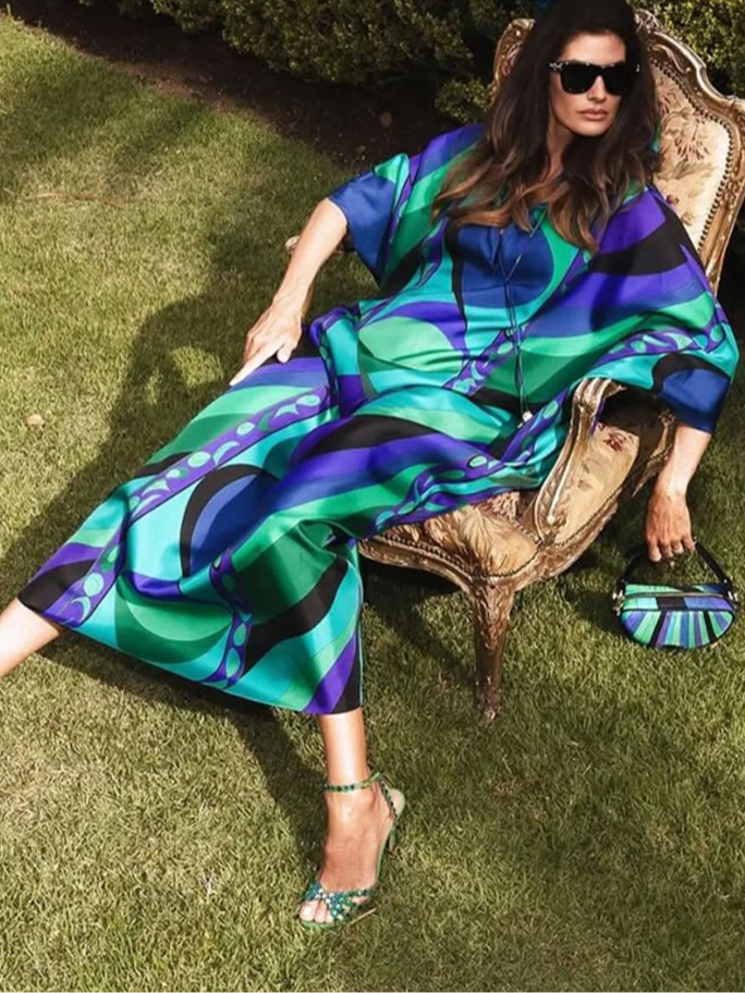 Psychedelic Swirling Iride Satin Kaftan