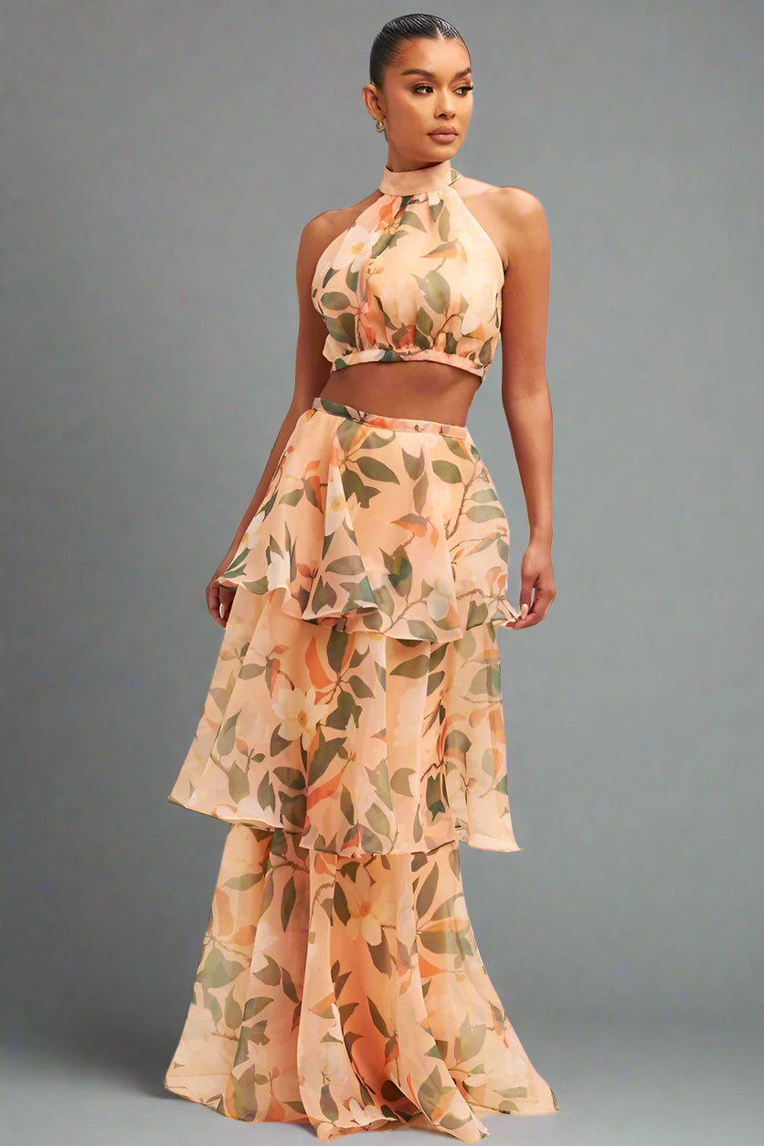 BloomAura Tiered Halter Dress – Elegant Floral Summer Maxi