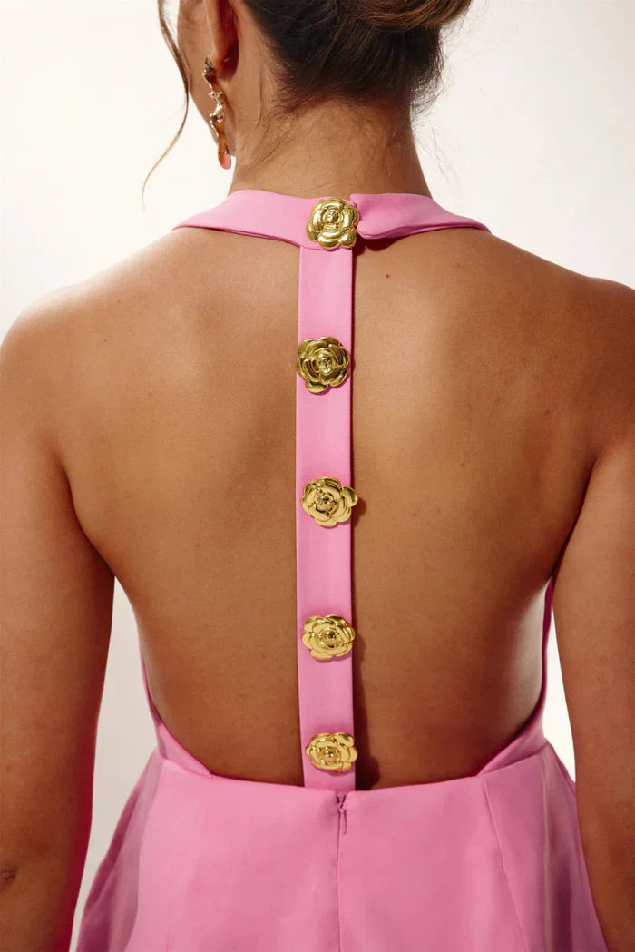 Rosé Cut-Out Mini Dress – Pink Halter Mini with Gold Floral Buttons