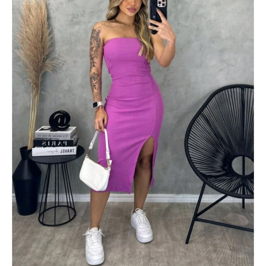 Vestido Tomara que Caia Canelado Midi com Fenda - Elegância e Ousadia