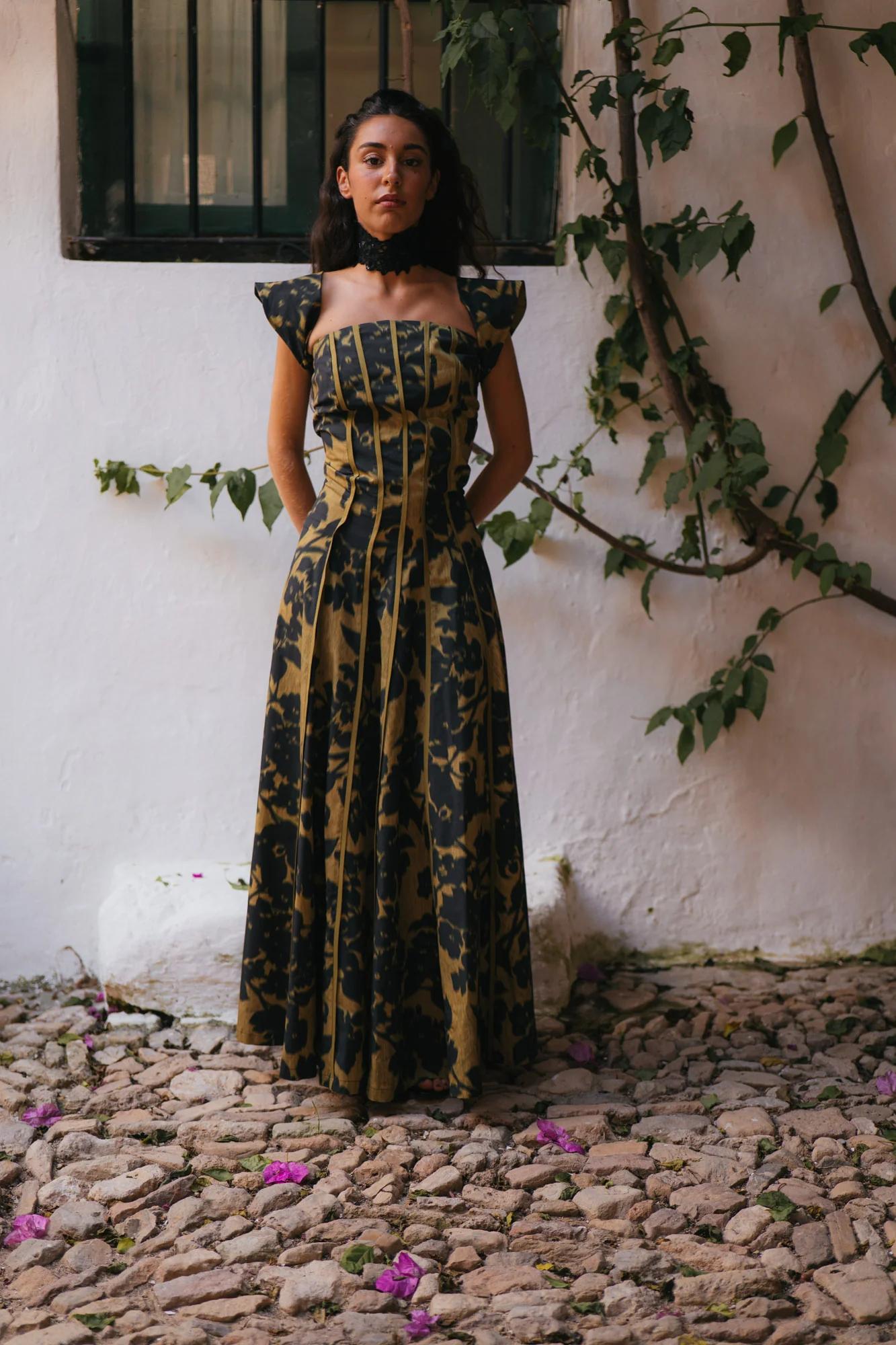 Vintage Print Strapless Maxi Dress