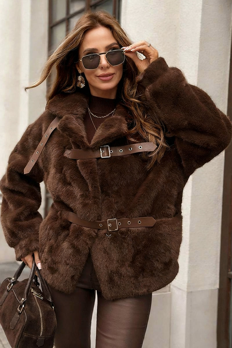 Women Lapel Plush Leather Buttoned Temperament Casual Coat