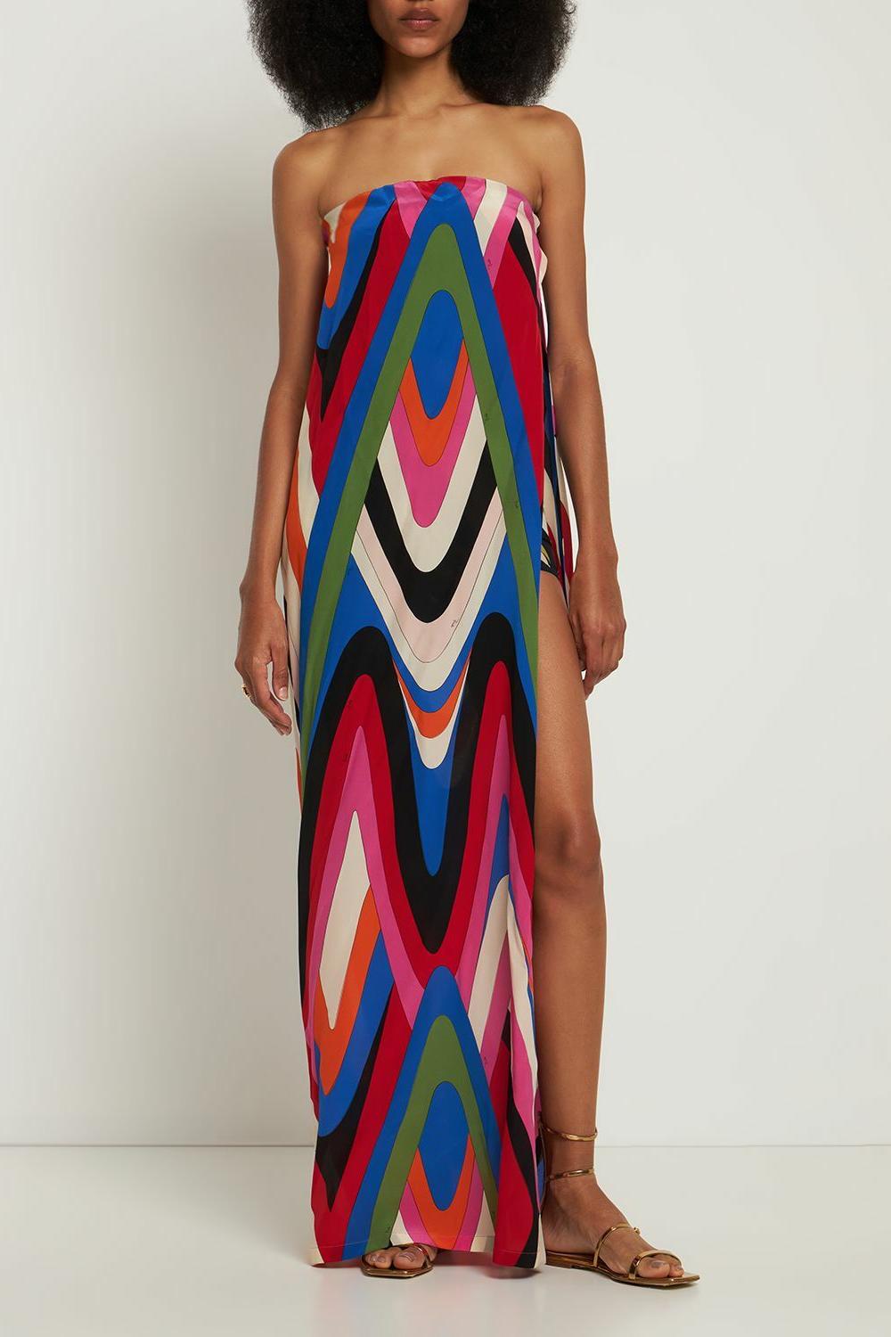 Strapless Side Slit Moiré Print Maxi Dress