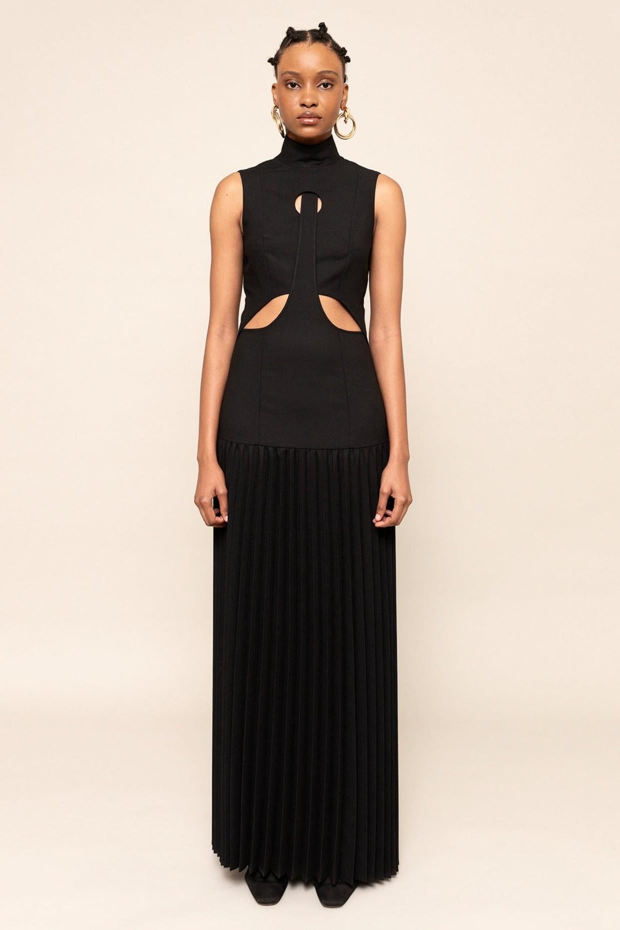 Pleated Cutout Maxi Dress – Bold Elegance in Black