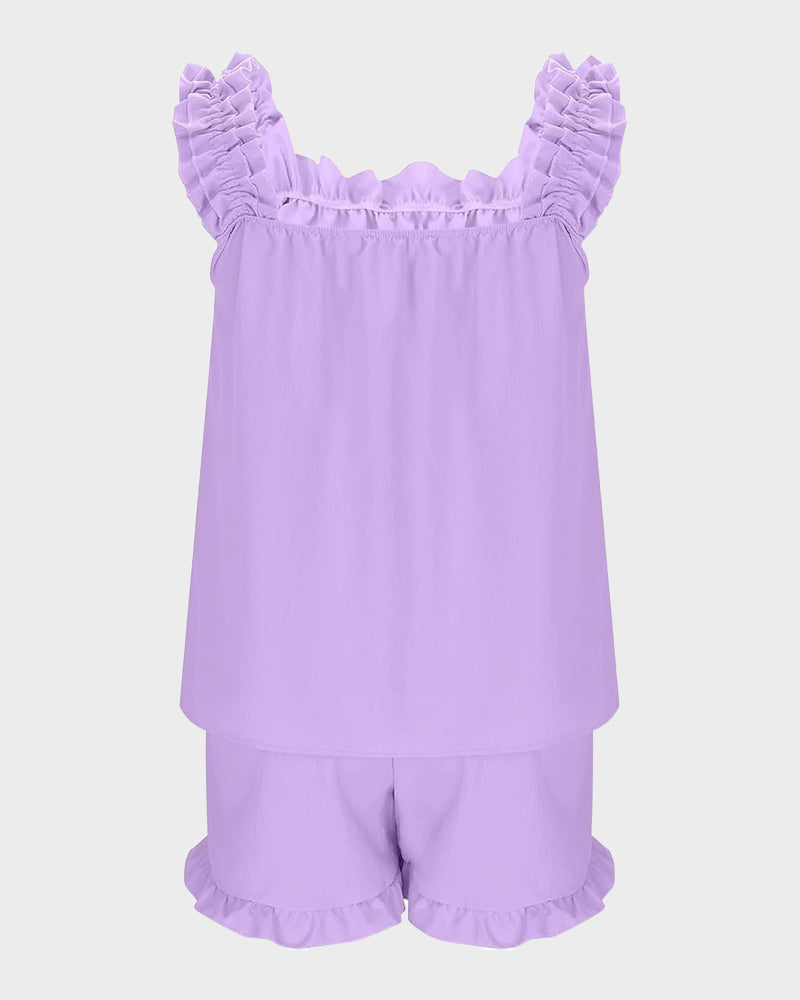2-Piece Soft Pajama Set with Ruffle Tank Top & Shorts