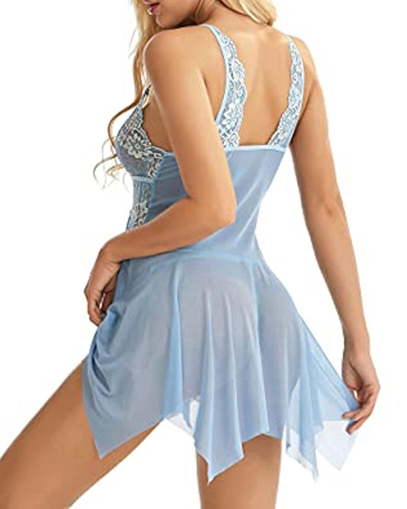 Sexy Deep V Lace Translucent Mesh Front Button Suspender Nightdress and Thong Set