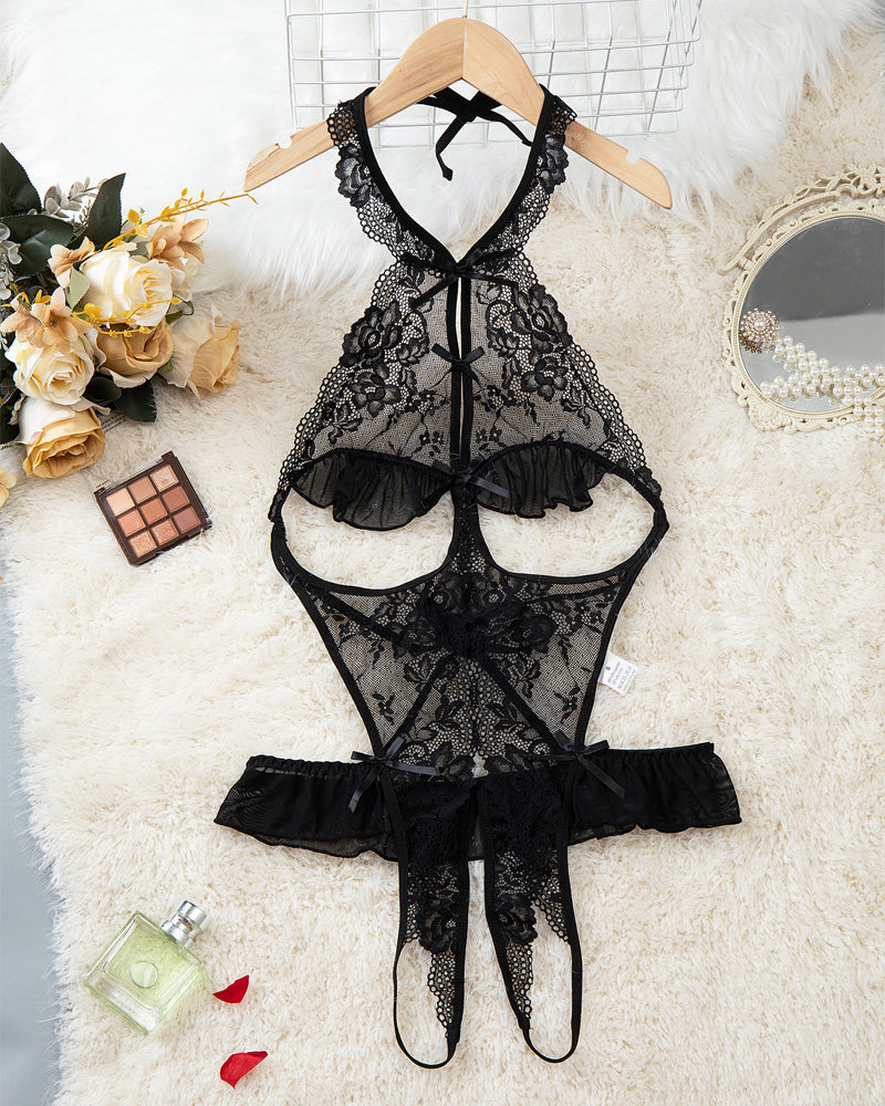 Women's Sexy Hollow Backless Transparent Floral Lace Open Crotch Design Bodysuit