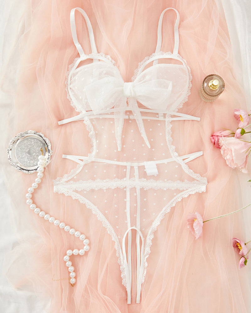 Sexy Floral Lace Bow Tie Open Crotch Hollow Polka Dot Mesh One-Piece Pajamas