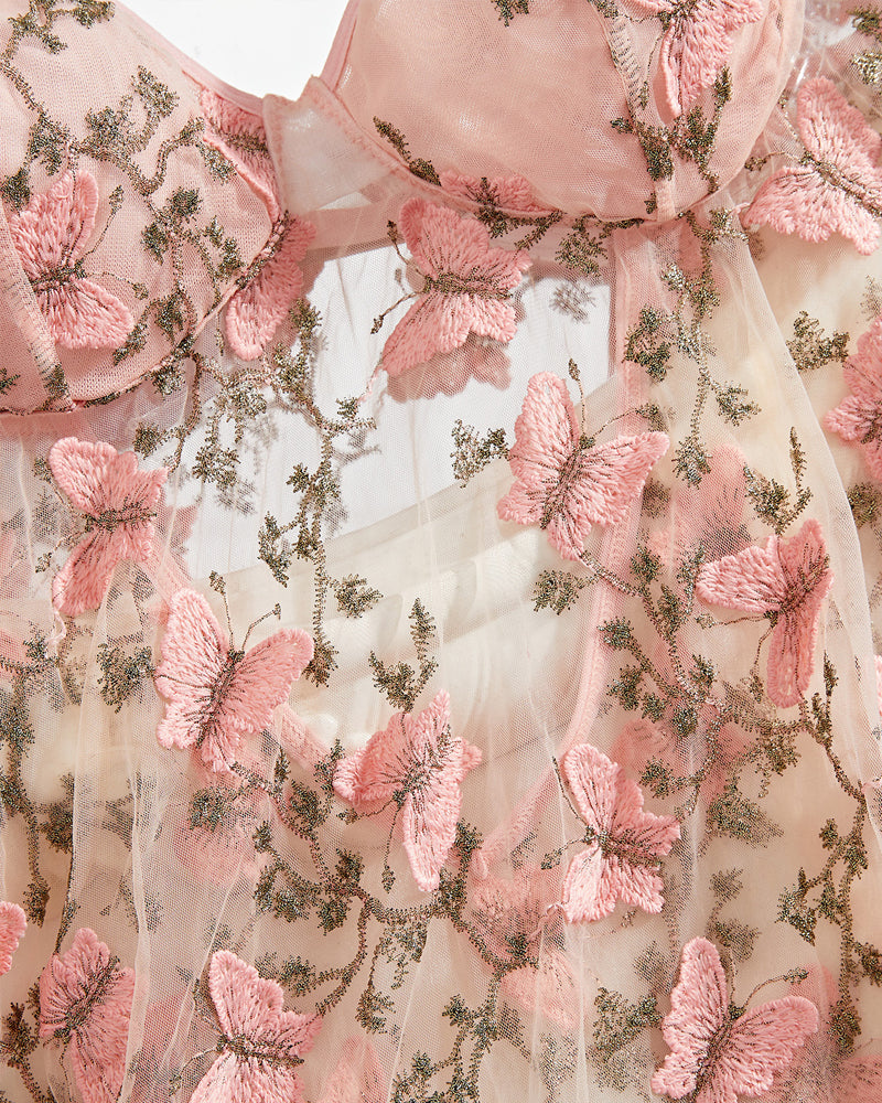 Women's Sexy Butterfly Embroidery Mesh Suspender Nightdress and Thong Set